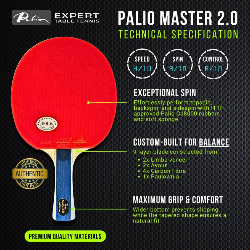 Expert Table Tennis Palio Master 2.0 Table Tennis Racket & Case | ITTF-Approved Intermediate Ping Pong Paddle | Allround Spin, Speed and Control - Image 3